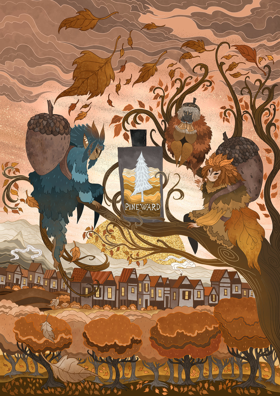 Fall art print with birds and owl surrounded by acorns around a central house scene